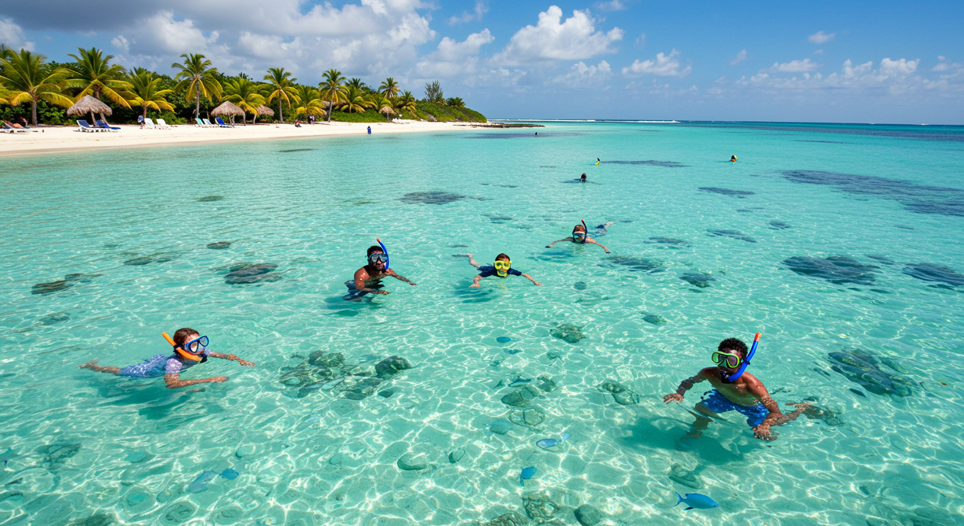 Snorkelers enjoying clear waters and vibrant marine life at a tropical beach.