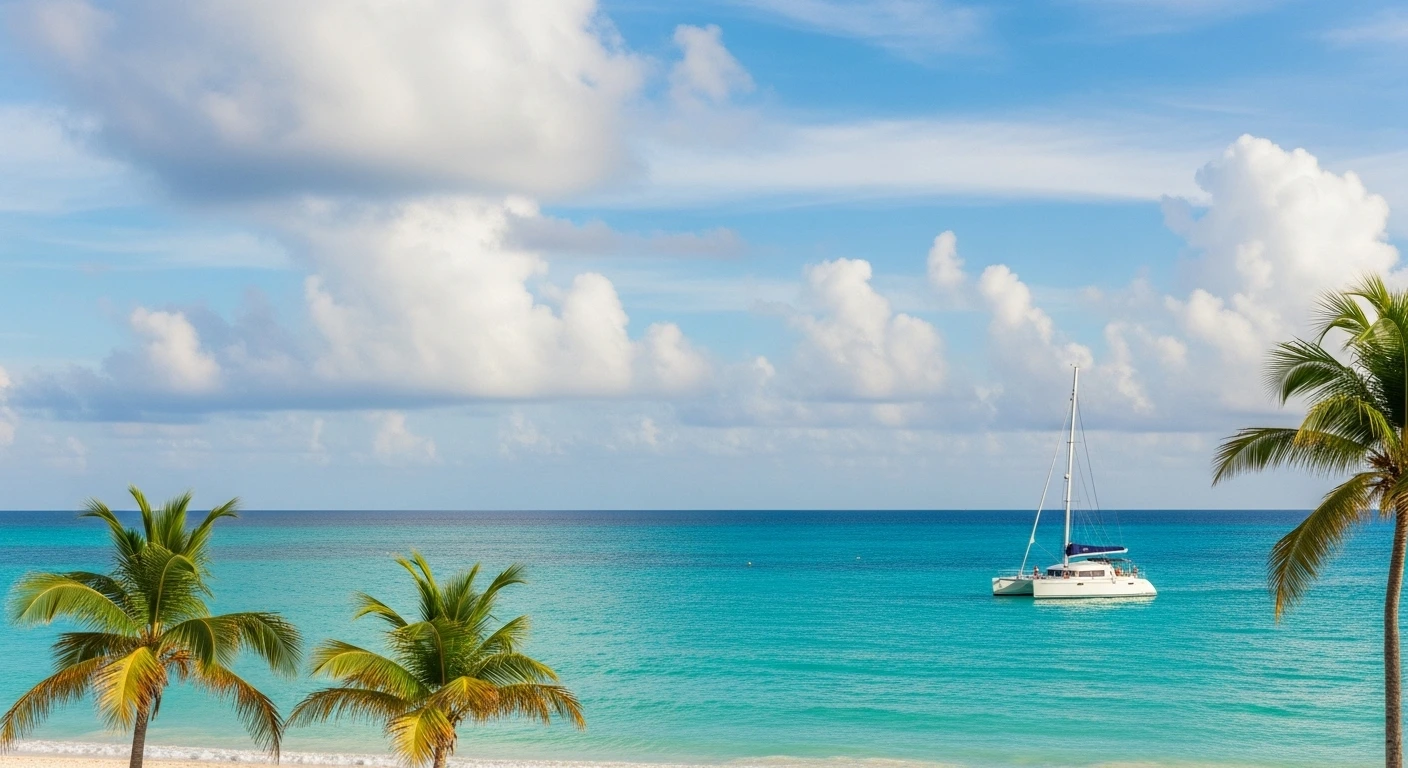 Calm Cancun beach in September with a catamaran and partly sunny skies.