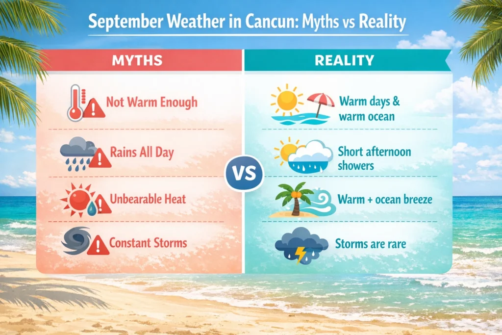 Infographic showing September weather in Cancun, comparing common myths with reality about heat, rain, and storms.
