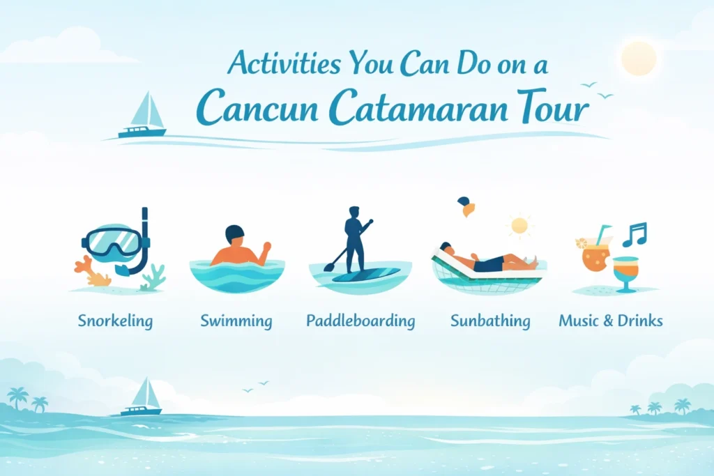 Cancun catamaran tour infographic showing snorkeling, swimming, paddleboarding, sunbathing, and drinks in a tropical ocean setting.