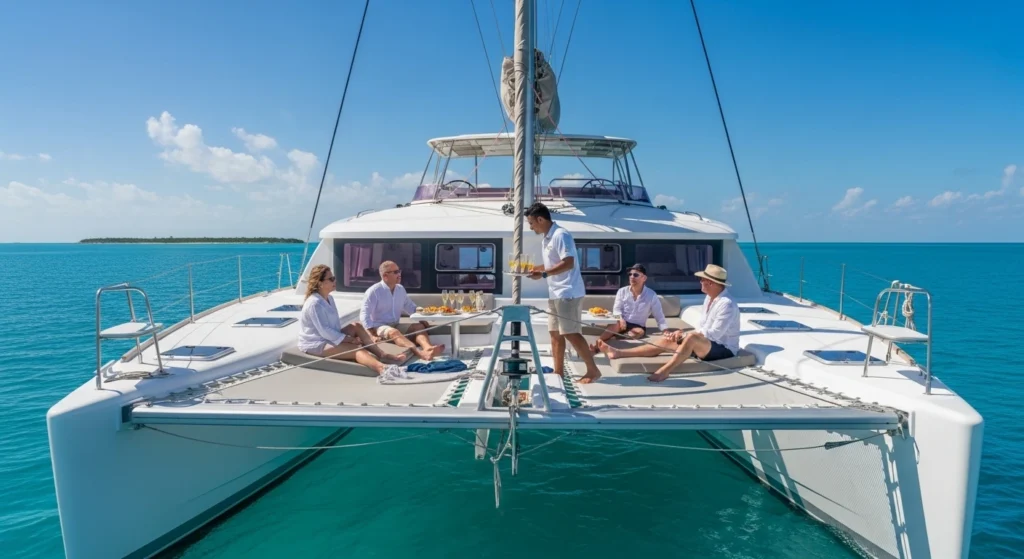 Private luxury catamaran sailing near Cancun with a small group enjoying an exclusive Caribbean cruise.