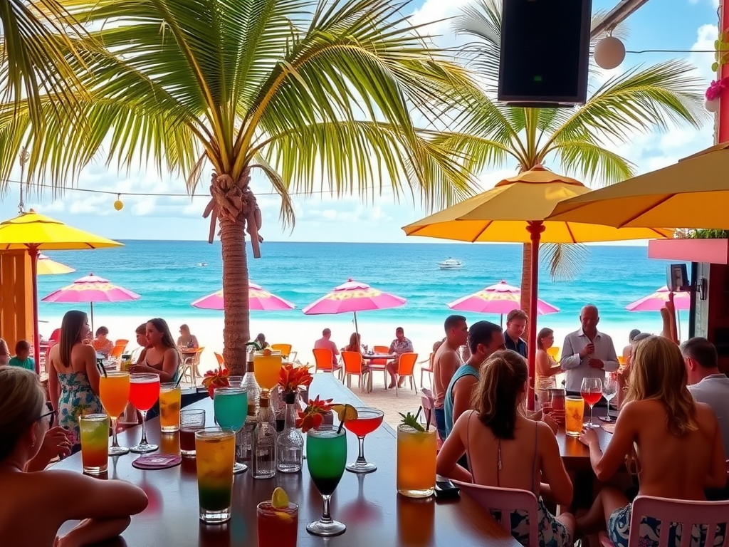 Colorful cocktails at a beach bar in Cancun with guests enjoying the ocean view