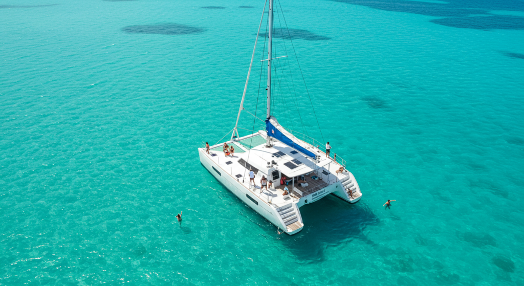 Aerial view of a catamaran anchored in clear turquoise water.