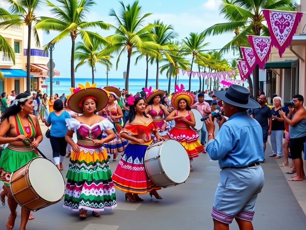 Traditional dancers in vibrant attire performing in a Cancun street with palm trees.
