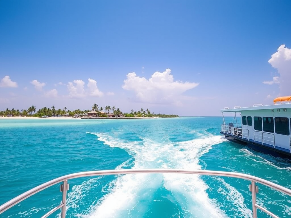 A view from a ferry heading towards Isla Mujeres, showcasing turquoise waters and a tropical island in the background.