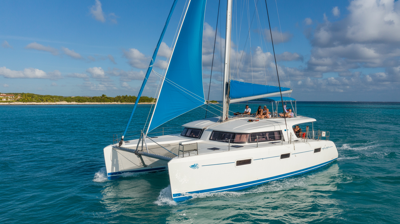 A white and blue catamaran, full of passengers enjoying a sunny day, cruises on the turquoise waters near Isla Mujeres.