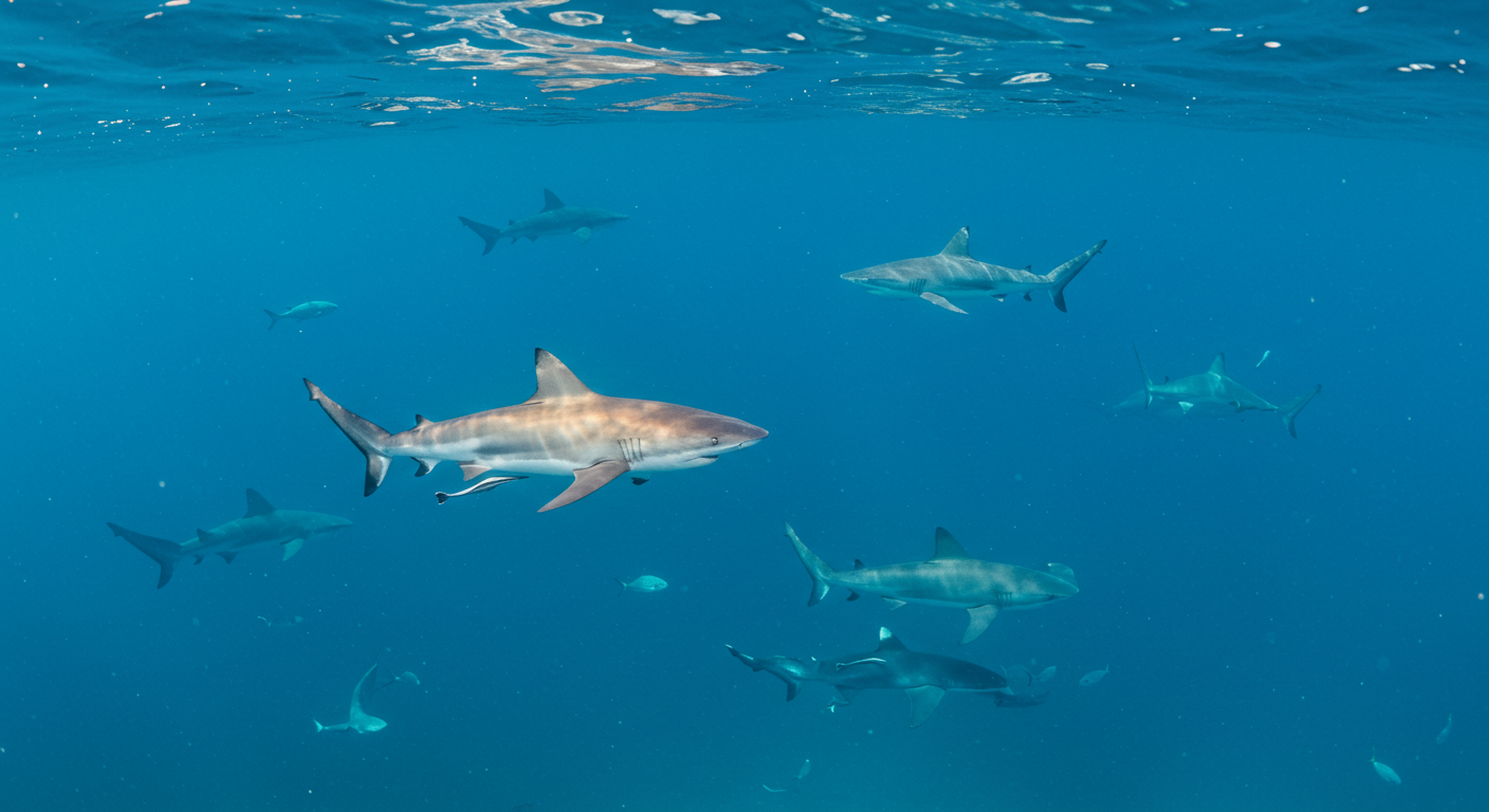 A school of sharks swimming gracefully in clear blue waters, highlighting interesting facts about sharks.