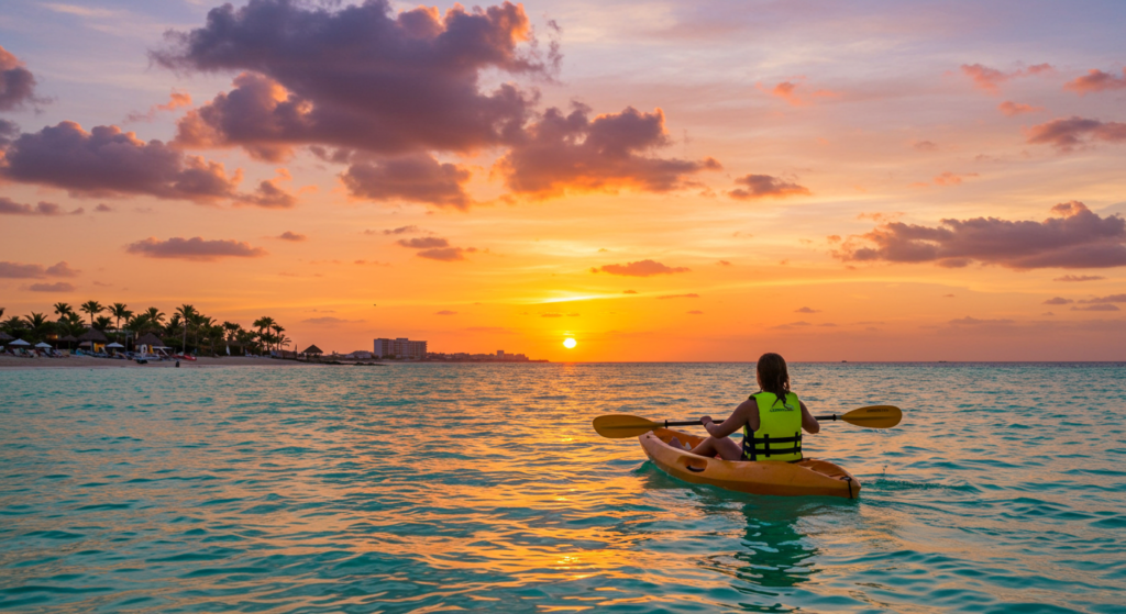 A person kayaking in calm waters as the sun sets, casting vibrant colors across the sky.