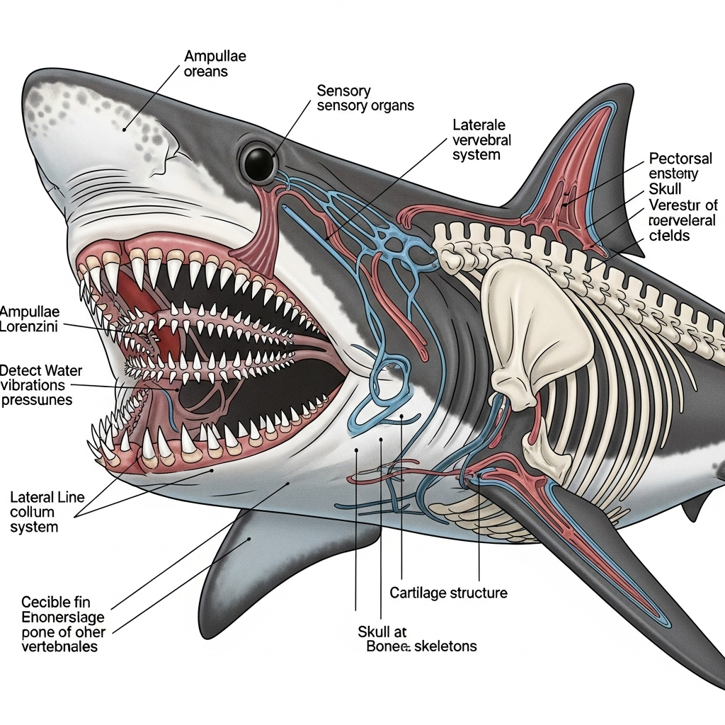 Shark anatomy diagram showing cartilage, teeth, and sensory system