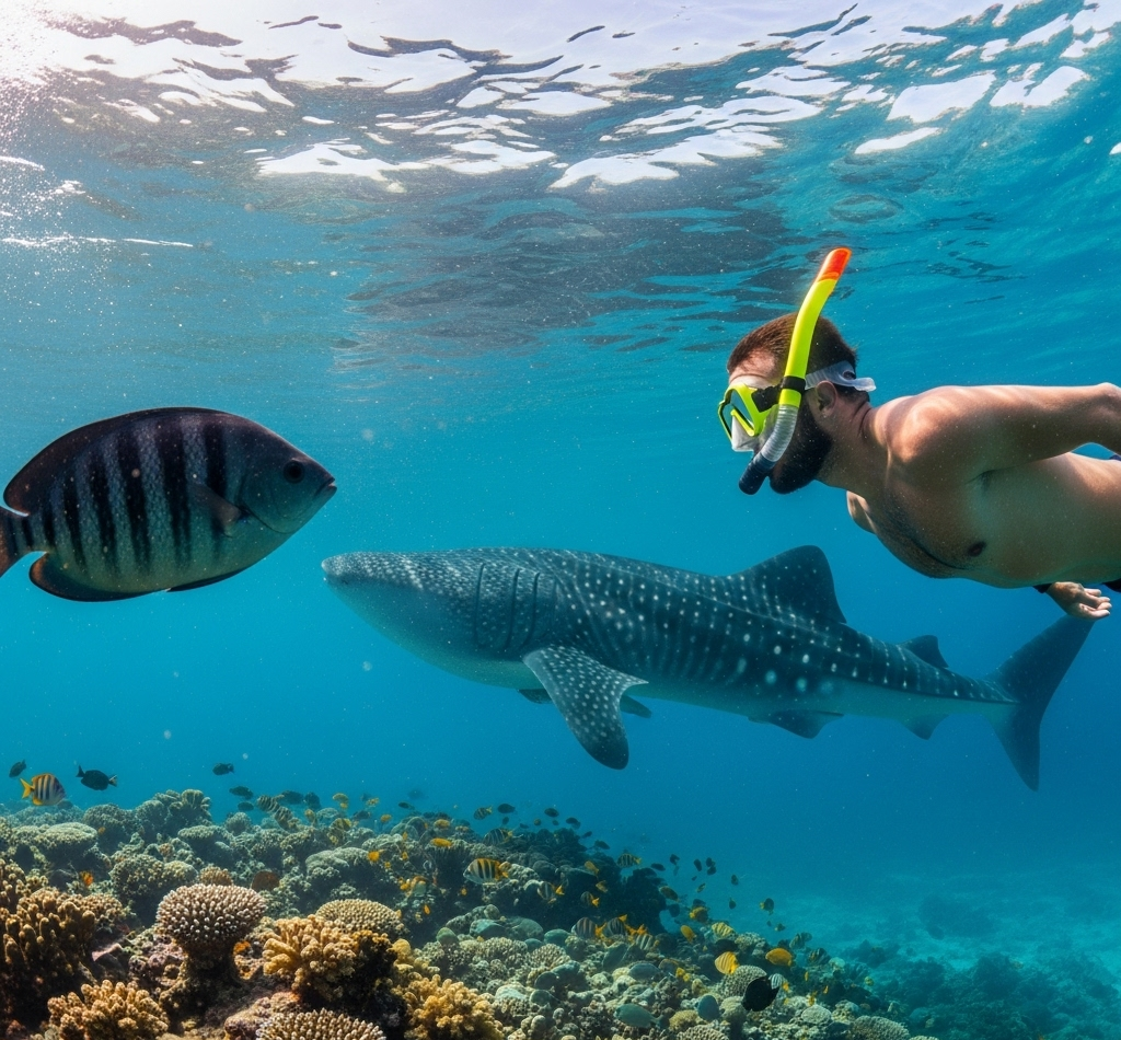 Whale shark swimming peacefully near snorkeler