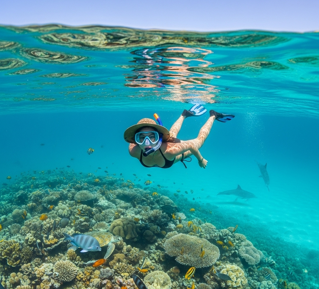 Isla Mujeres snorkeling scene with a diver swimming above colorful coral and tropical fish.