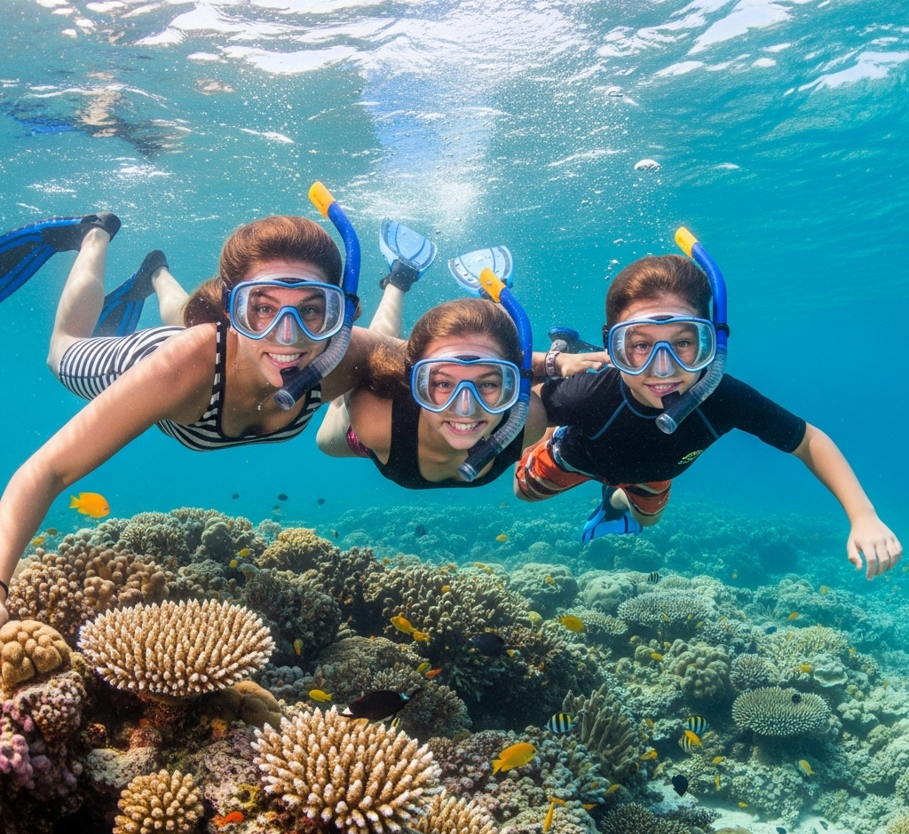 Three friends snorkeling together above vibrant coral and colorful fish in clear waters.