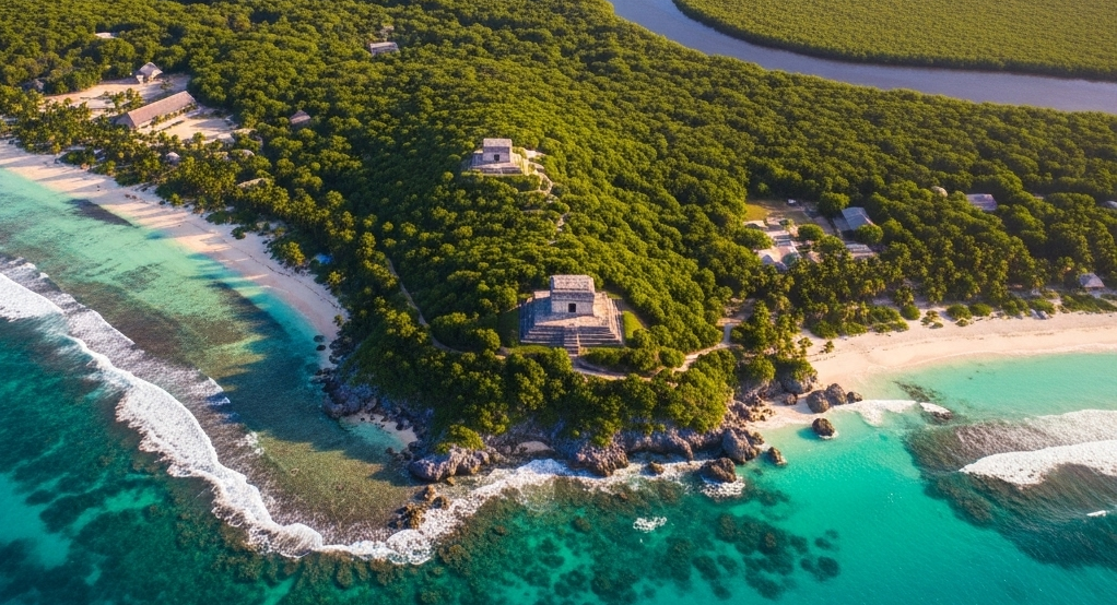 Aerial view of Isla Maya featuring lush greenery and a stunning coastline.