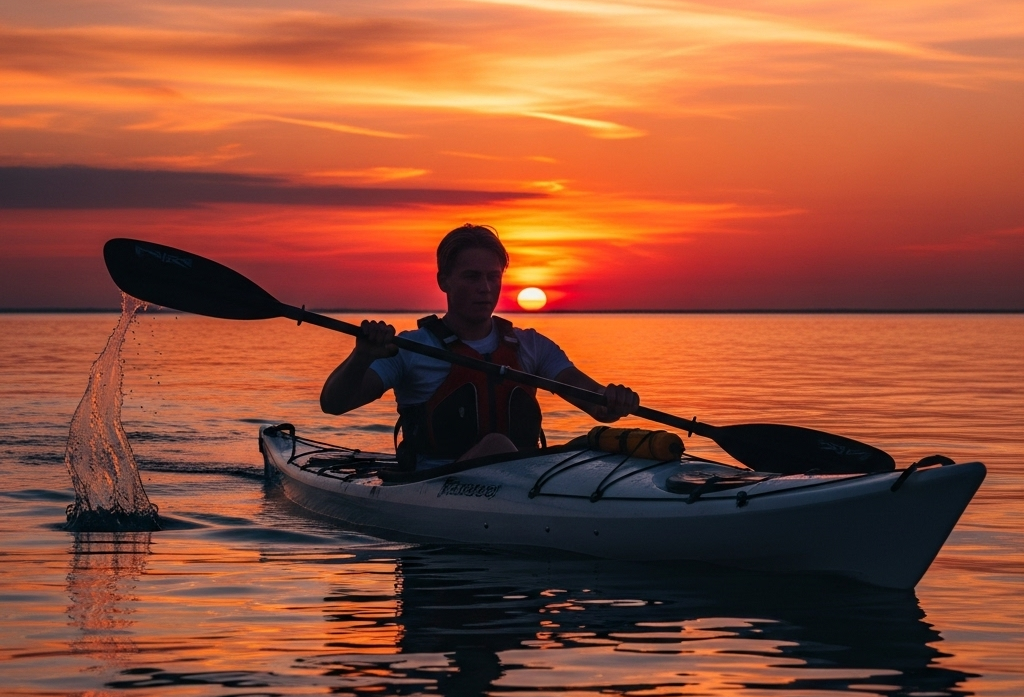 Experience a serene sunset kayak adventure, with vibrant colors reflecting on calm waters.