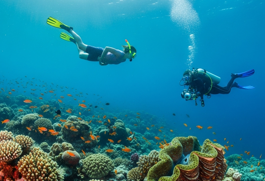 Two divers exploring a vibrant coral reef filled with colorful fish.