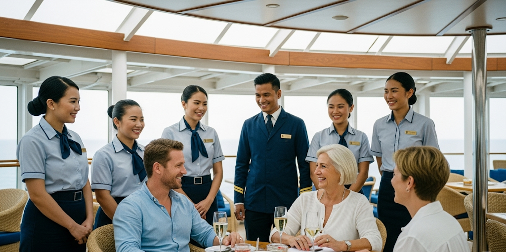 Smiling crew with guests or a happy couple celebrating onboard.