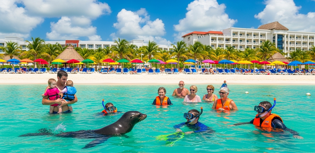People enjoying a beach day in Cancun with a seal, highlighting fun facts about Cancun.