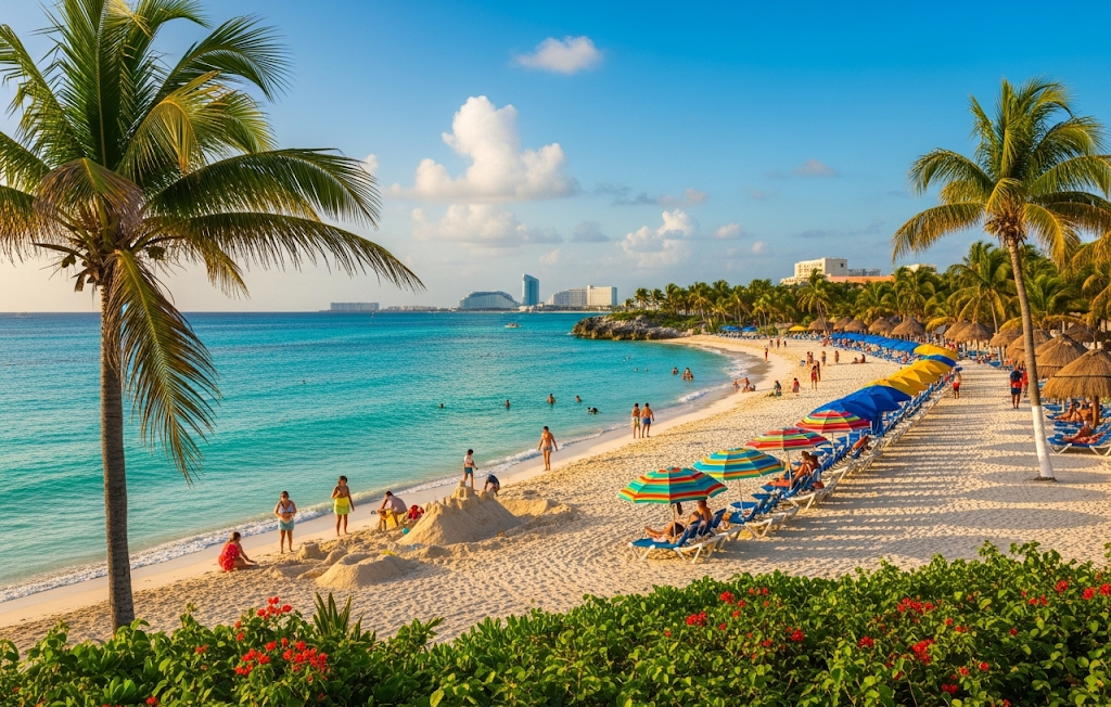 A picturesque Cancun beach scene with colorful umbrellas, palm trees, and people enjoying the sun.