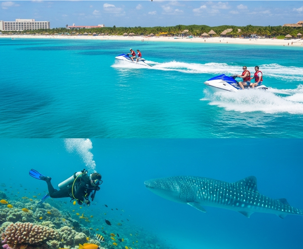 Jet skiers on turquoise waters above a diver exploring a reef with a whale shark below.