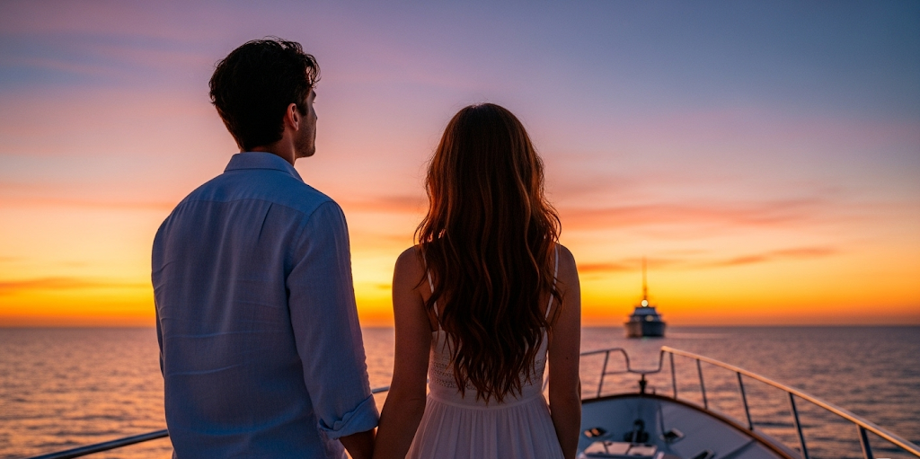  Couple stargazing on the yacht or holding hands at the bow under sunset 