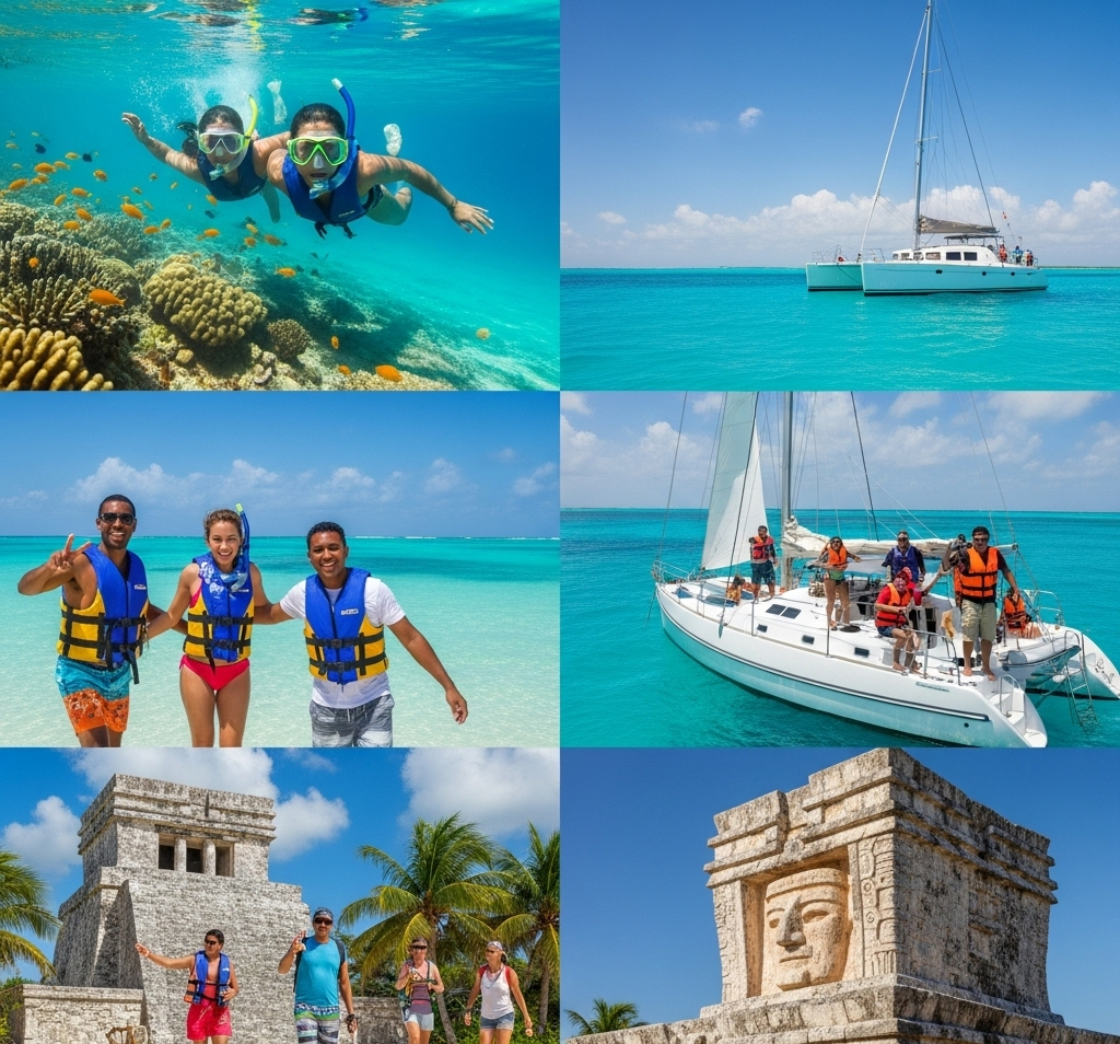 Isla Mujeres excursion with snorkeling, sailing, beach fun, and exploring Mayan ruins in the Caribbean’s turquoise waters.