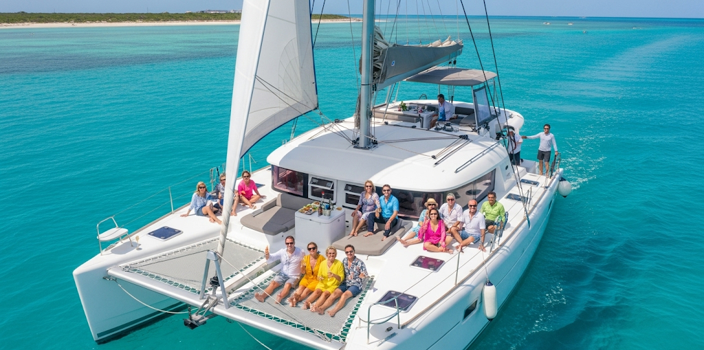 A group of tourists enjoying an Isla Contoy tour on a catamaran sailing through turquoise waters, with clear skies and an island in the background.