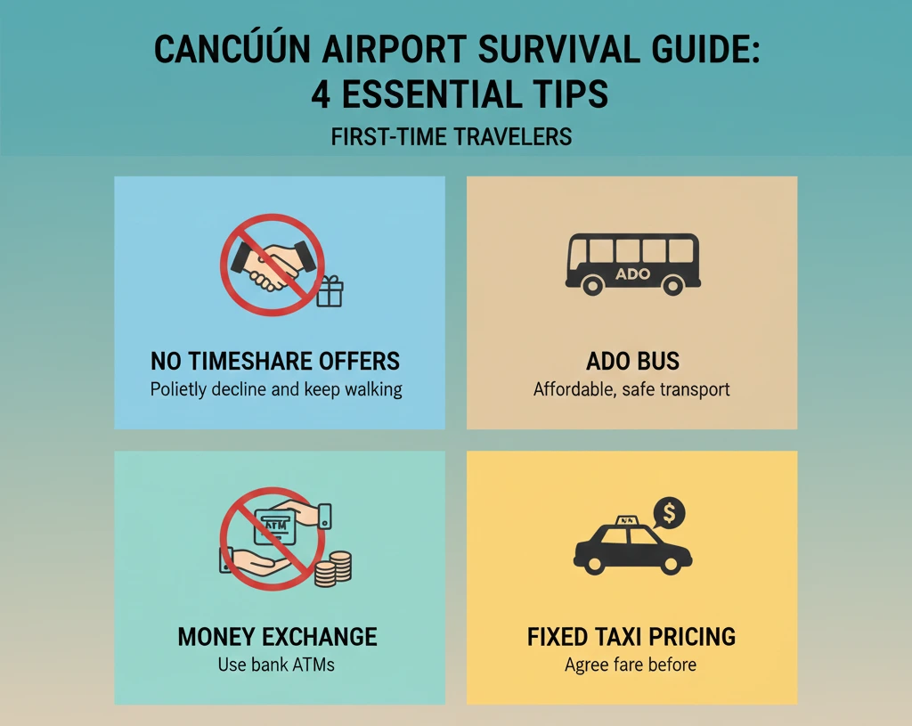 Minimalist infographic showing Cancun airport do’s and don’ts for first-time visitors, including icons for declining timeshare offers, using ATMs, taxi pricing tips, and ADO bus transport.