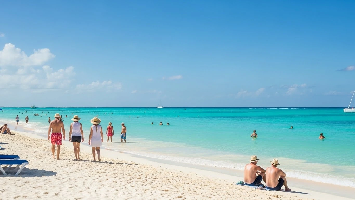 Vibrant Cancun beach in January with turquoise waters, soft white sand, clear skies, and tourists enjoying the scene with their backs to the camera.