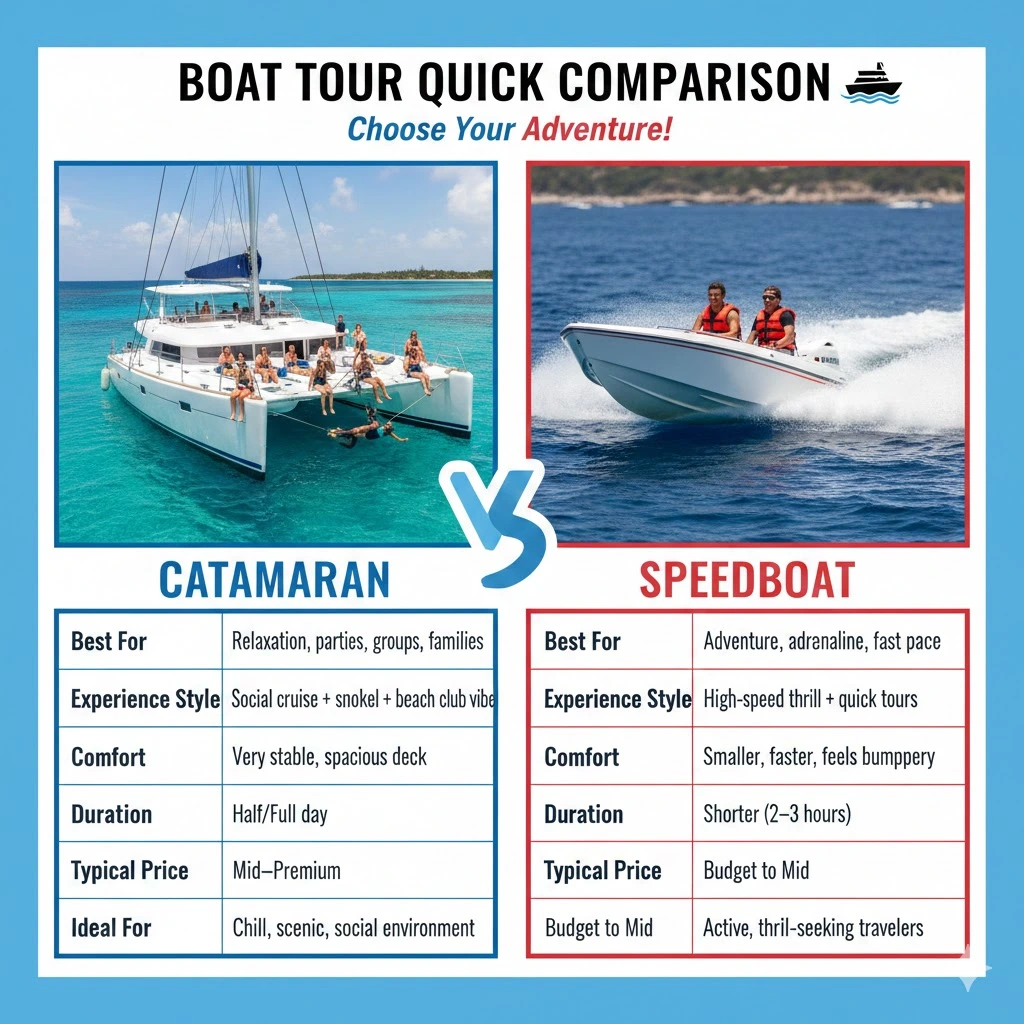 Comparison chart showing Cancun boat tours: on the left, a catamaran with travelers on the right, a speedboat with two travelers in life jackets
