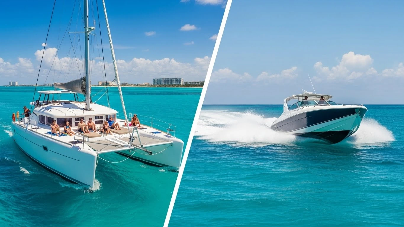 Catamaran with relaxing travelers and a speedboat racing across turquoise Cancun waters under a sunny sky