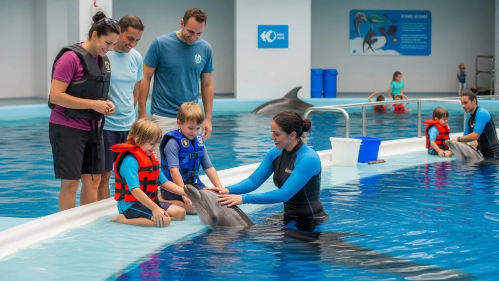 Family enjoying a calm catamaran tour in Cancun with dolphins swimming and jumping nearby in turquoise waters.