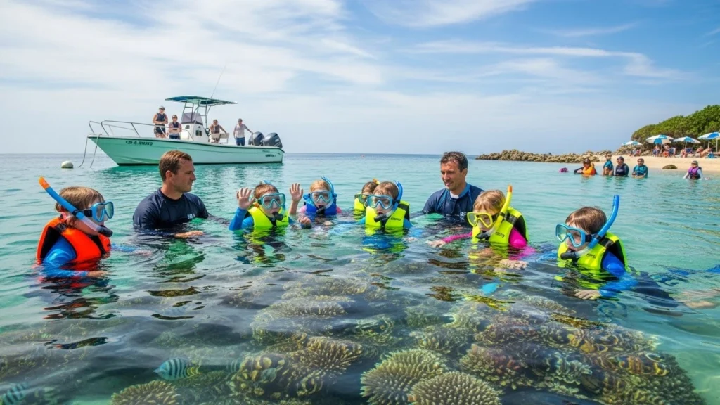 Children snorkeling in calm turquoise waters with life jackets, guided by instructors, surrounded by colorful fish and coral in a safe, family-friendly setting.