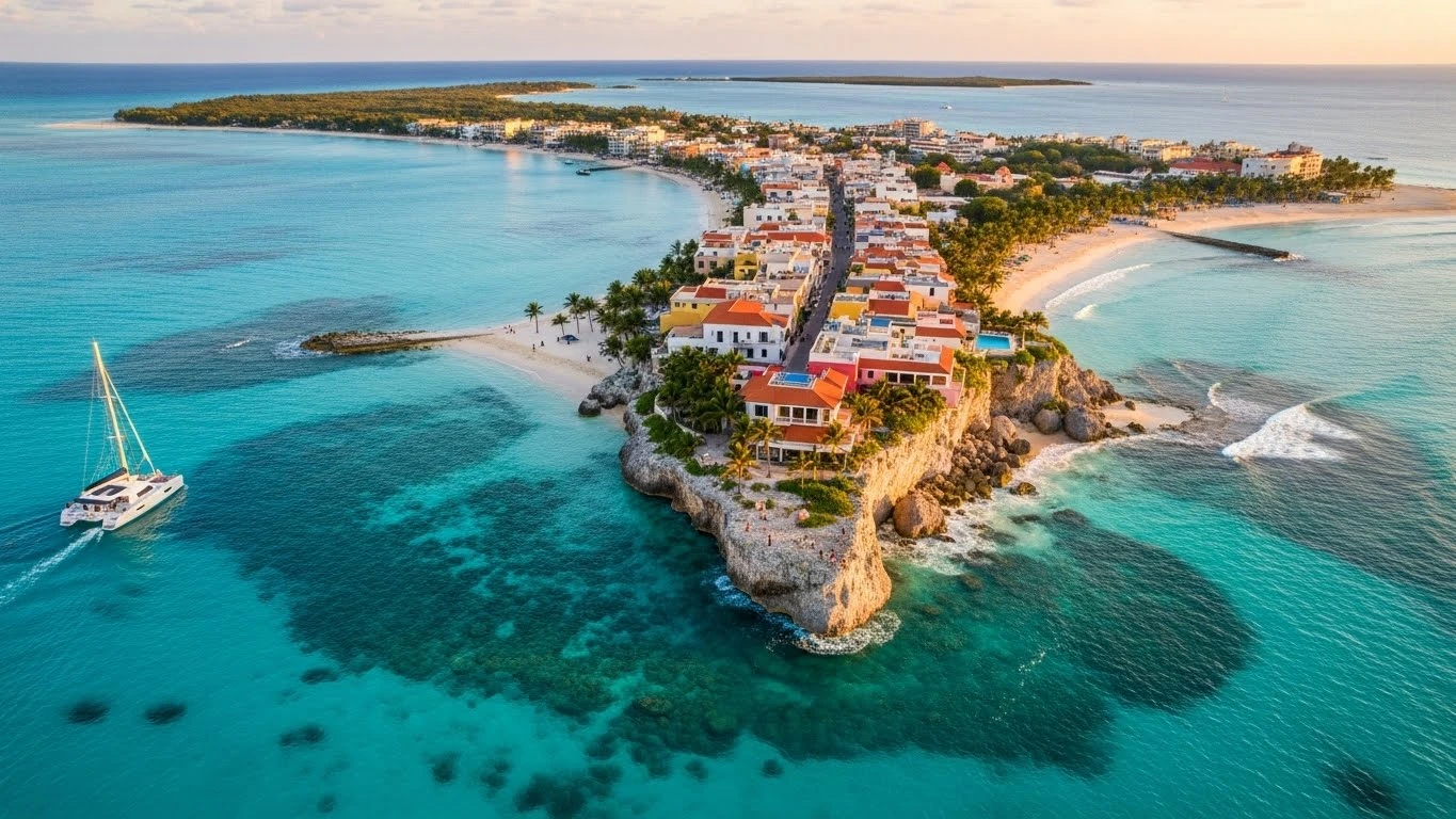 Aerial view of Isla Mujeres at golden hour showing turquoise waters, white sandy beaches, colorful streets, dramatic cliffs, and a catamaran approaching the island