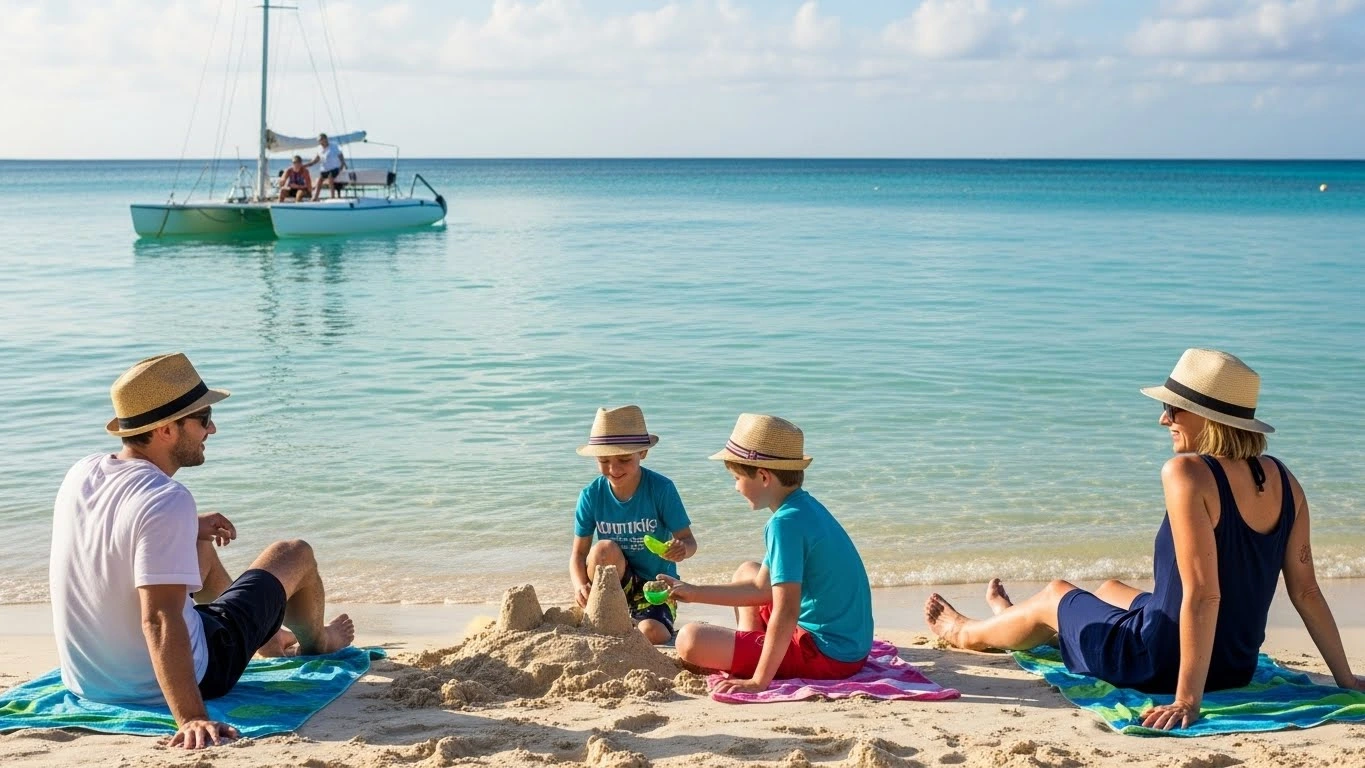 Family enjoying a sunny day on a calm Cancun beach with kids building sandcastles and a catamaran in the background.