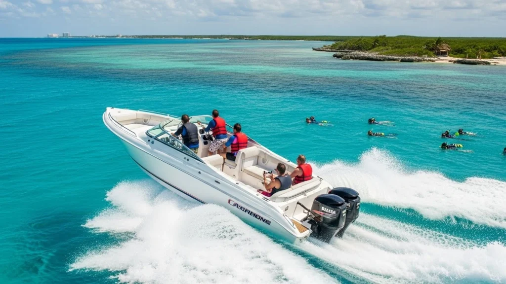 Speedboat racing across turquoise Cancun waters with travelers enjoying the thrill, nearby snorkelers exploring reefs, and a sunny coastline in the background.