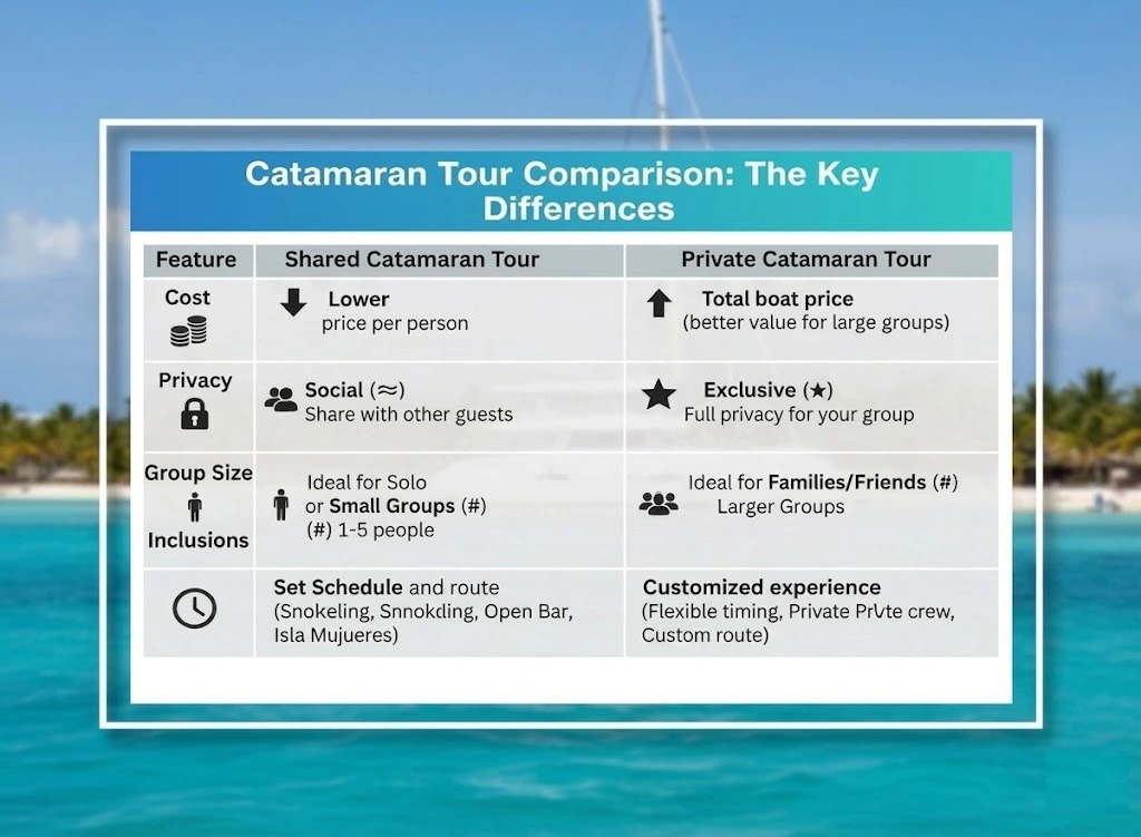 Infographic comparing shared vs private catamaran tours, highlighting differences in cost, privacy, group size, inclusions, and customized experience.