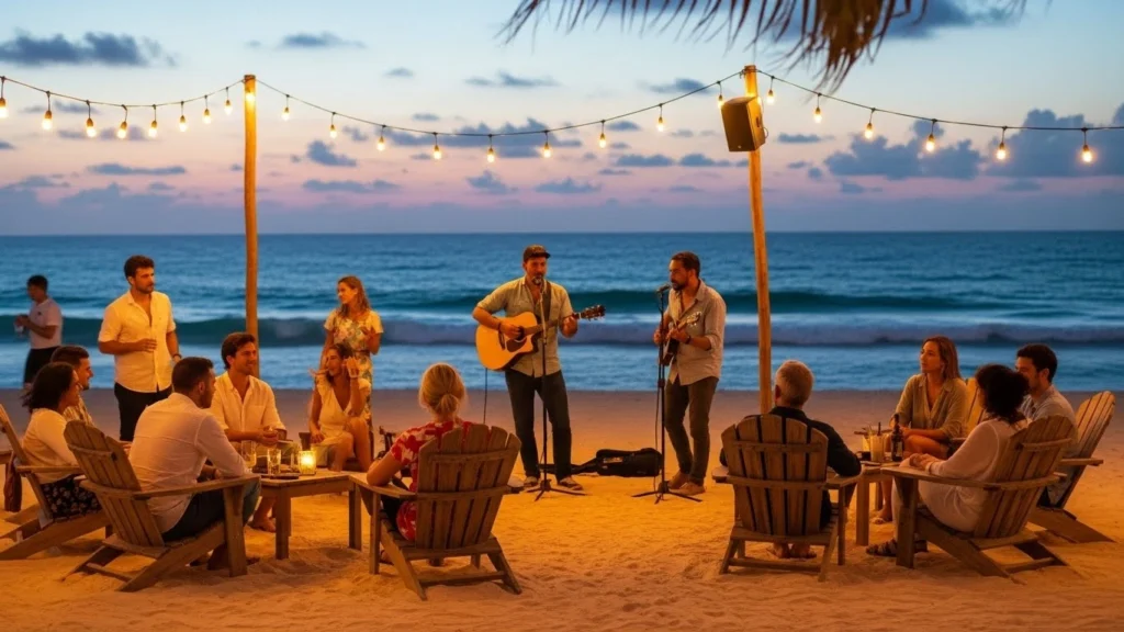 Beachfront bar on Isla Mujeres at sunset with live acoustic music, relaxed guests, and a calm, intimate nightlife atmosphere.