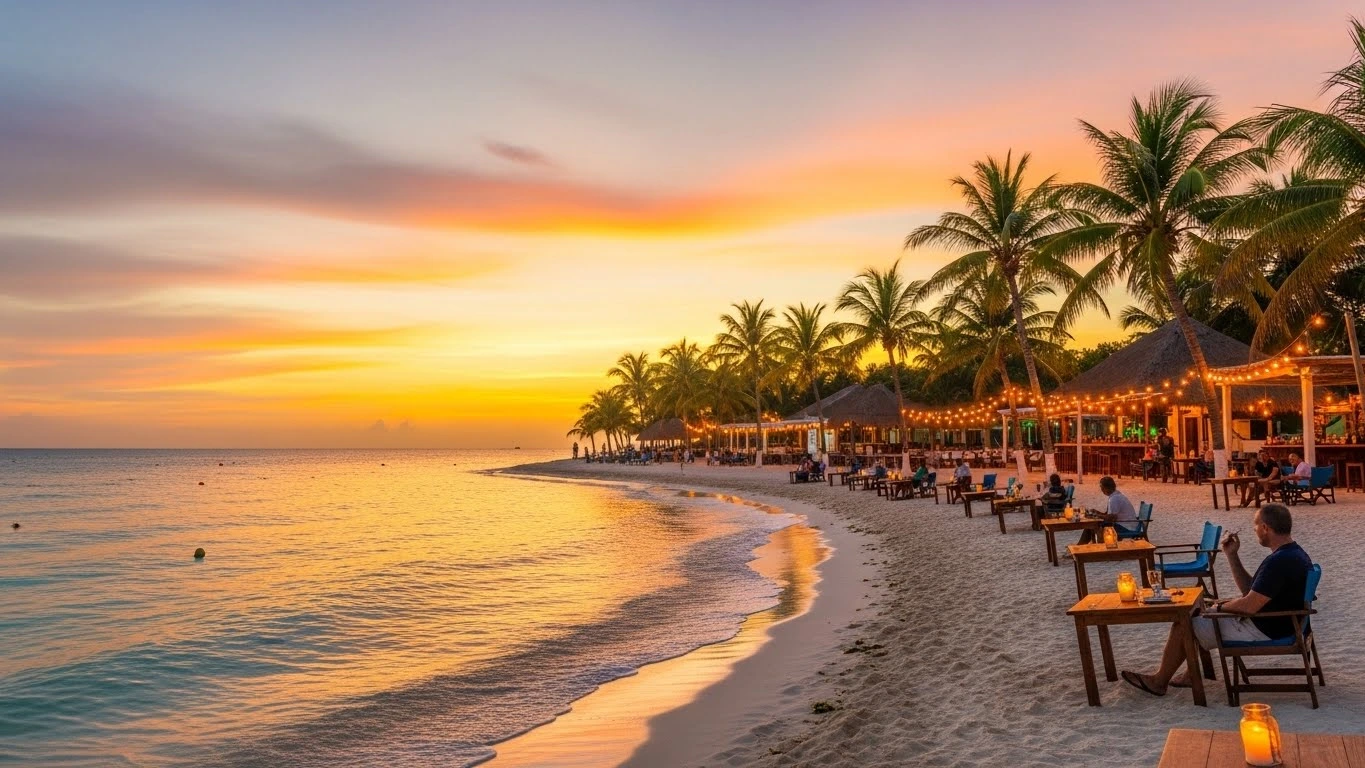 Sunset beach bars on Isla Mujeres with palm trees, soft golden light, outdoor tables on the sand and visitors enjoying a calm evening by the ocean.