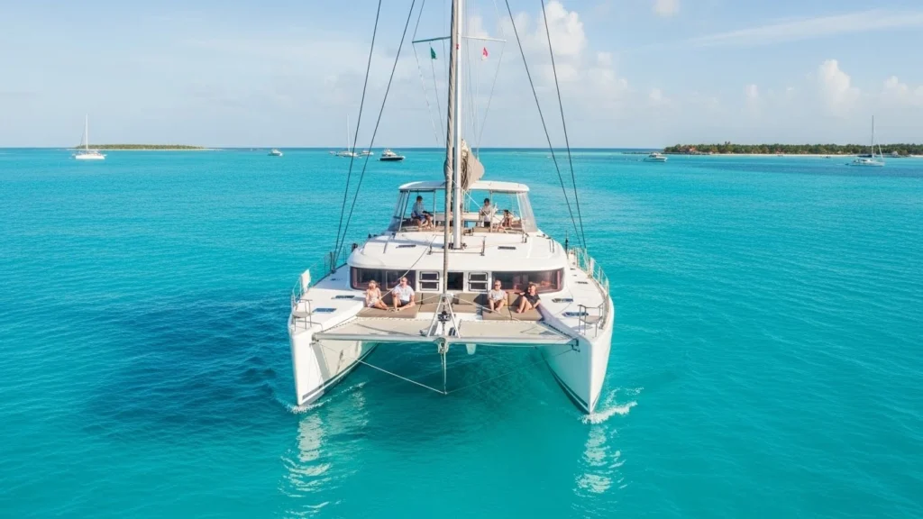 Private catamaran tour in Cancun with a small group enjoying a calm cruise