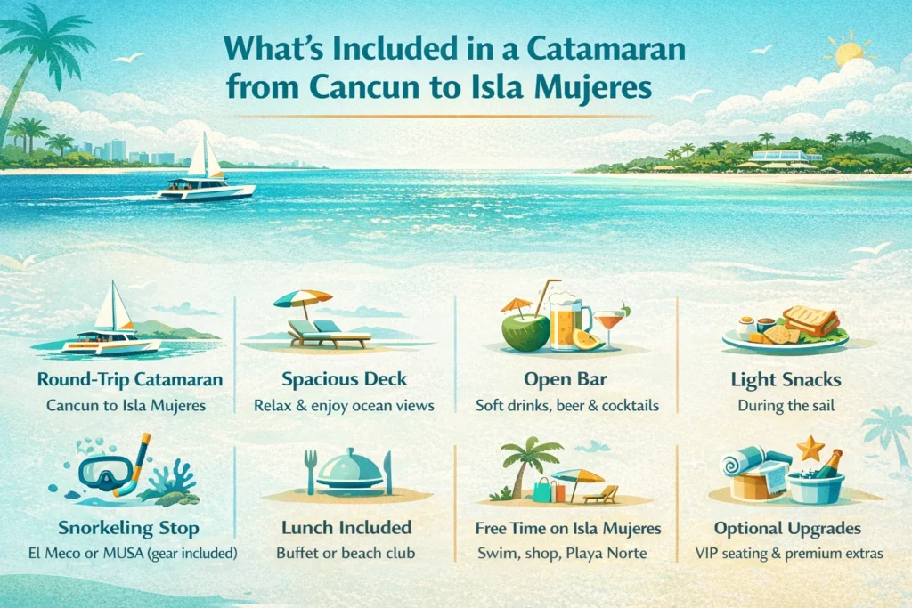 Infographic showing what’s included in a catamaran from Cancun to Isla Mujeres.
