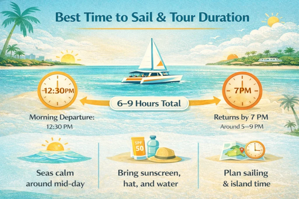 Infographic showing the best time to sail from Cancun to Isla Mujeres, with a 12:30 pm departure, 7 pm return, total 6–9 hour catamaran tour, and travel tips.