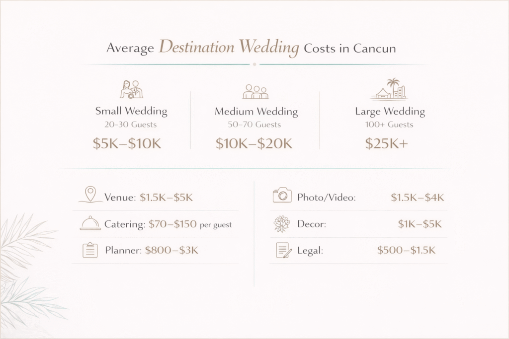 Minimalist blue infographic showing average destination wedding costs in Cancun by guest size and main expense categories.