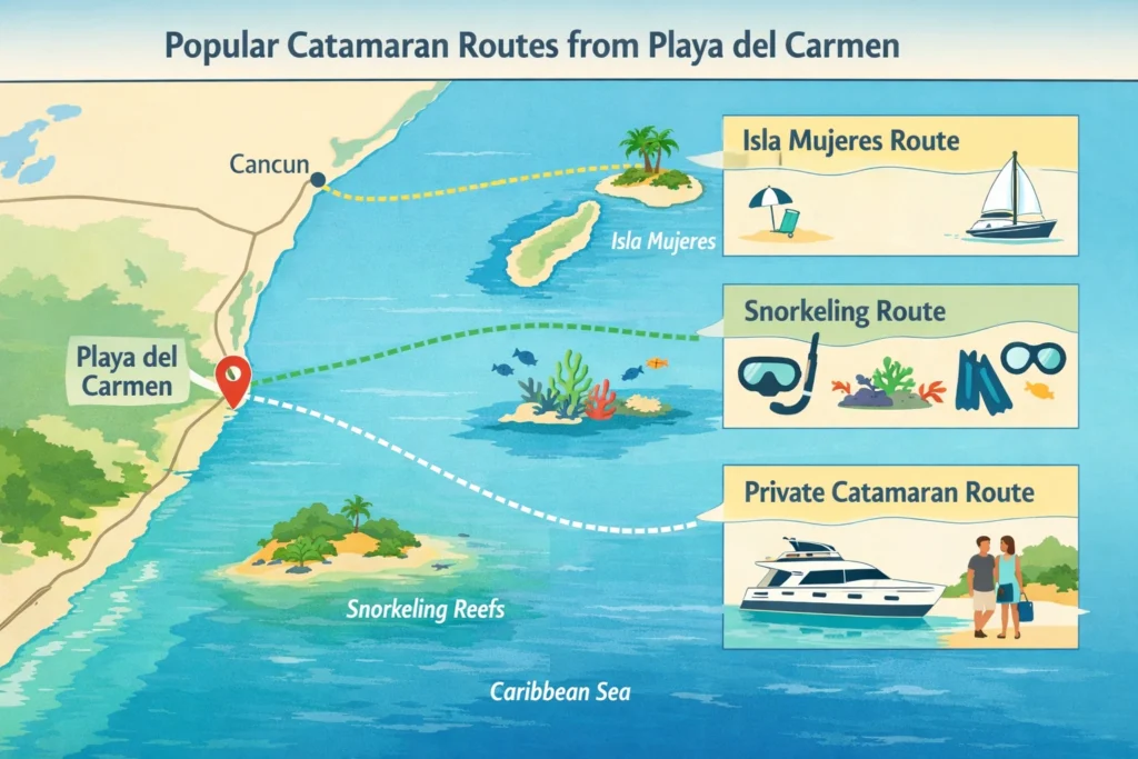 Infographic showing popular catamaran routes from Playa del Carmen to Isla Mujeres, snorkeling reefs, and private charters
