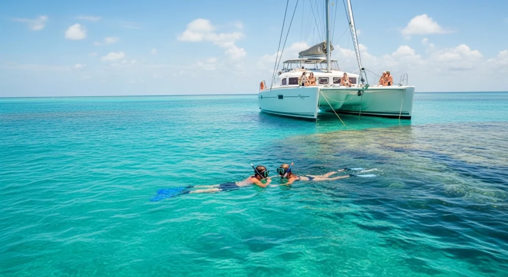 Couple snorkeling near a catamaran in clear turquoise waters off Isla Mujeres, enjoying a relaxed sailing excursion from Cancun.