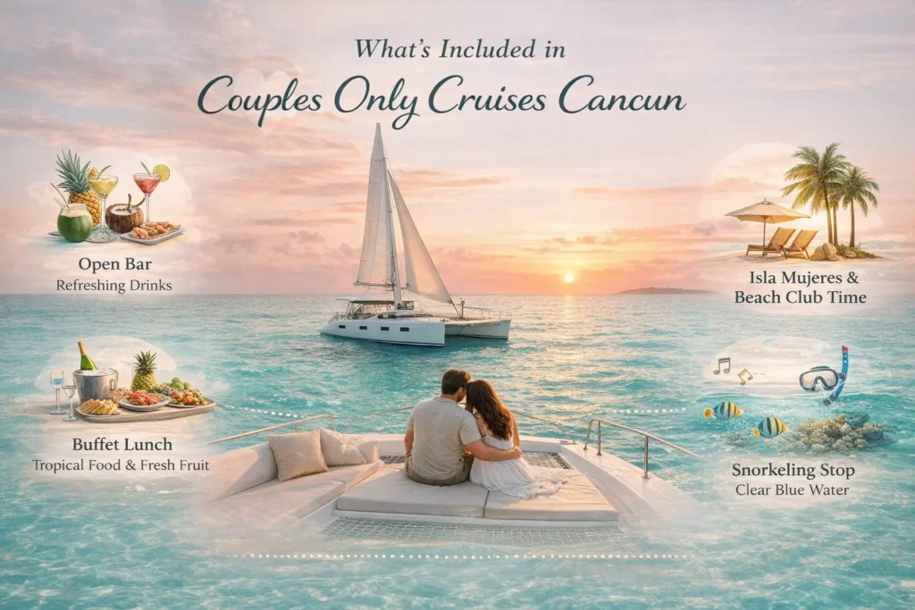 Visual guide showing what is included on a couples only cruise in Cancun with catamaran, open bar, buffet lunch, music, snorkeling, and Isla Mujeres beach stop