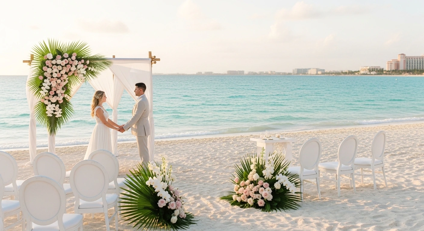 Romantic destination wedding in Cancun on a white sand beach with turquoise Caribbean water at sunset.