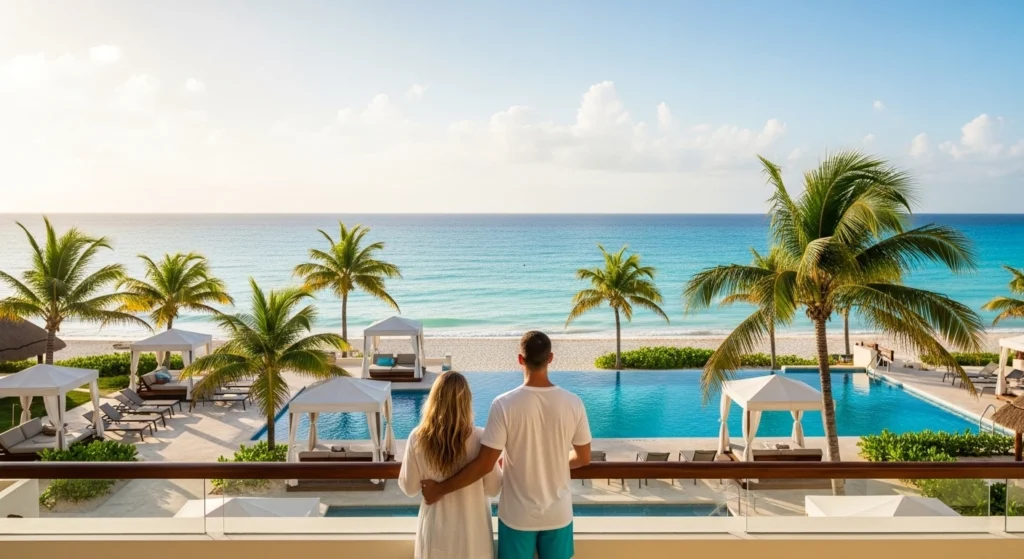 Couple from behind enjoying a honeymoon vacation in Cancun, overlooking turquoise water, beach, and pool with cabanas.