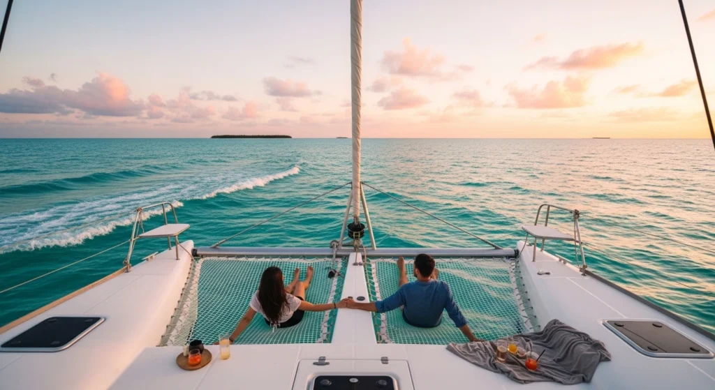 Romantic couple on a private Cancun catamaran at sunset, relaxing on the deck over calm turquoise Caribbean waters.