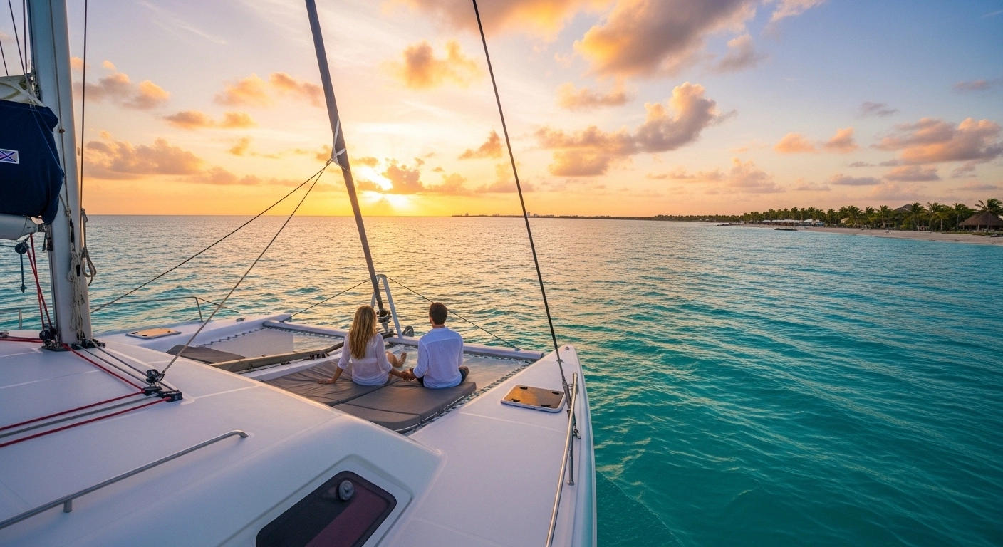 Couple enjoying a romantic catamaran sunset cruise in Cancun over turquoise waters.