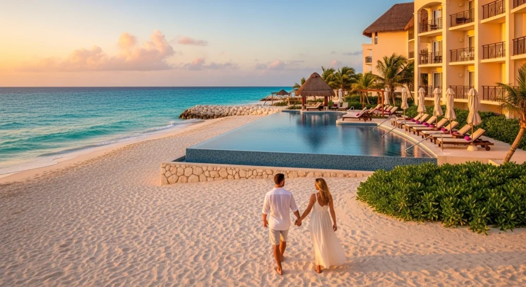 Couple walking at sunset near a luxury adults only beachfront resort in Cancun